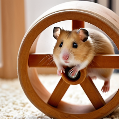 Home 4 **A happy Syrian hamster comfortably running on a large, solid wood wheel in a clean and spacious cage. The hamster's back is straight, and it appears energetic and healthy. The background is softly blurred, showcasing a cozy and well-maintained home environment. Focus on conveying the hamster's well-being and the suitability of the wheel.**