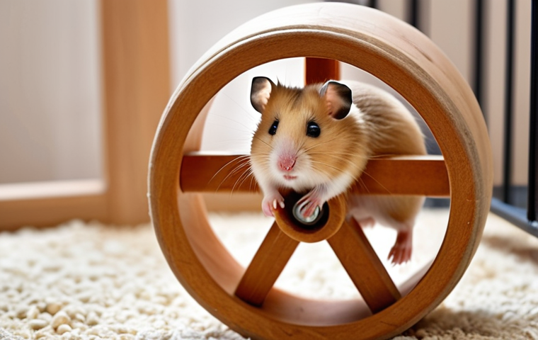 **A happy Syrian hamster comfortably running on a large, solid wood wheel in a clean and spacious cage. The hamster's back is straight, and it appears energetic and healthy. The background is softly blurred, showcasing a cozy and well-maintained home environment. Focus on conveying the hamster's well-being and the suitability of the wheel.**
