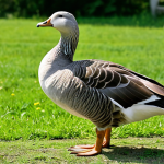 A majestic, heavy Toulouse goose (Anser anser domesticus) with prominent dewlaps (bajoue) and a well-defined double ventral pouch, standing proudly in a lush green pasture under a soft, natural light. The goose has a rich grey-brown plumage, a sturdy build, and a calm, watchful demeanor. In the background, a traditional French farm, with rustic stone walls and a weathered wooden fence, emphasizes the authentic, rural atmosphere and the robust beauty of the bird. This image is safe for work, appropriate content, family-friendly, with natural plumage, healthy animal, perfect anatomy, correct proportions, natural pose, well-formed wings, proper leg structure, professional photography, high detail, sharp focus, and natural colors.