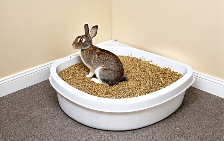 **

"A clean and organized rabbit litter box in a well-lit, tidy home corner. The litter box is spacious with high sides, filled with natural bedding like flax or hemp. A happy, healthy rabbit is partially visible, demonstrating cleanliness.  Safe for work, appropriate content, fully clothed (referring to the implied human presence in the home), modest, family-friendly, perfect anatomy (of rabbit), correct proportions, natural pose, professional product photography, high quality."

**
