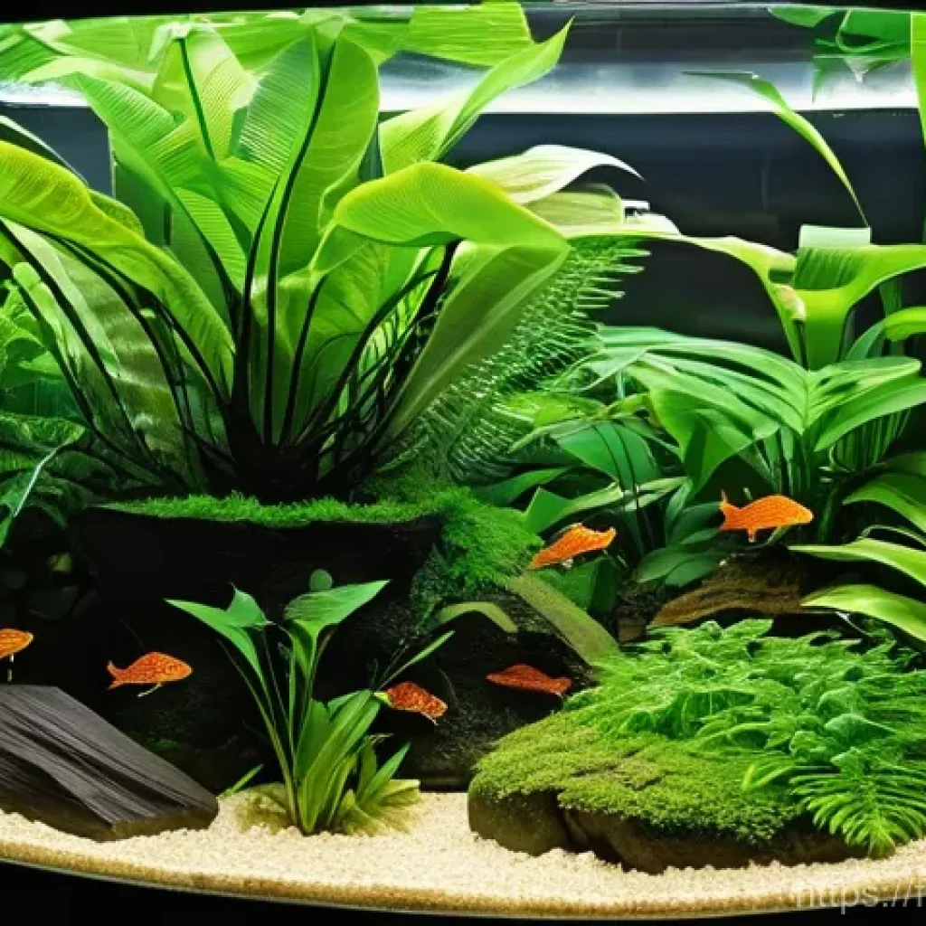 파충류 습도 조절 장비 - **Prompt:** A vibrant, lush tropical terrarium environment, seen from a slightly elevated eye-level ...