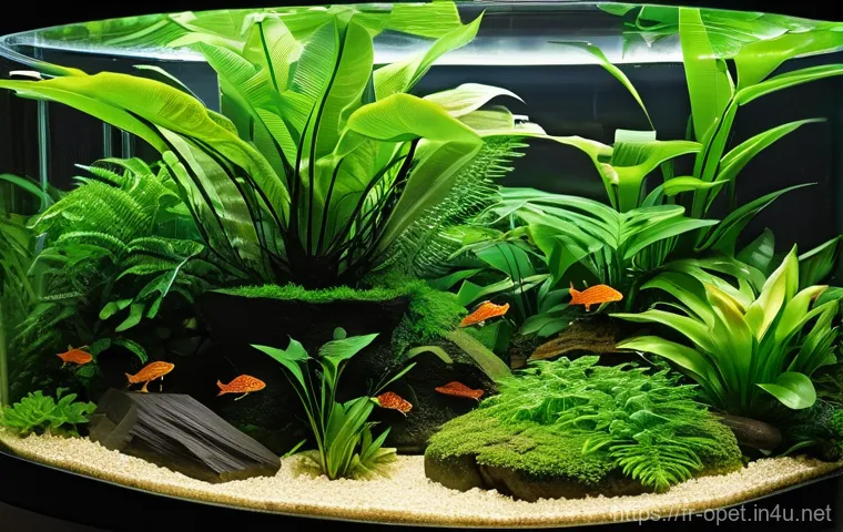 파충류 습도 조절 장비 - **Prompt:** A vibrant, lush tropical terrarium environment, seen from a slightly elevated eye-level ...