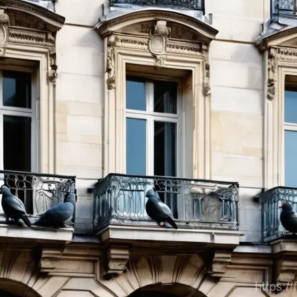 비둘기 전염병 예방 - **Prompt:** A picturesque Parisian street scene on a slightly overcast day, focusing on the intricat...
