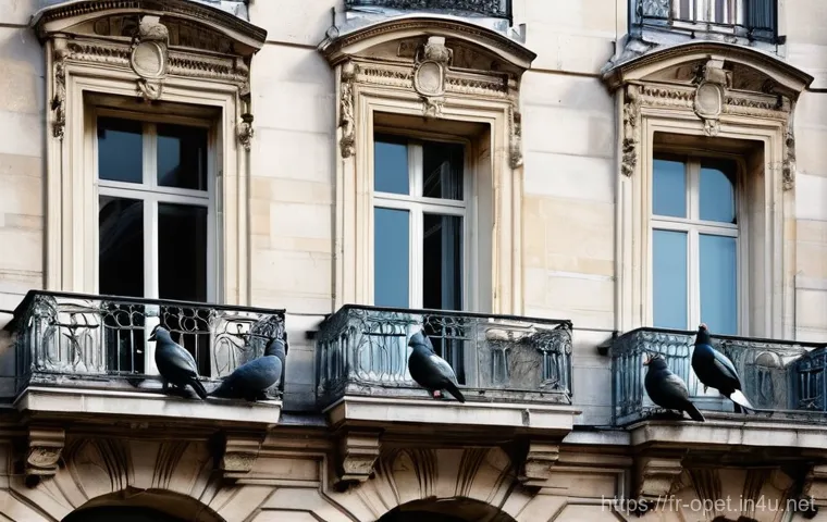 비둘기 전염병 예방 - **Prompt:** A picturesque Parisian street scene on a slightly overcast day, focusing on the intricat...