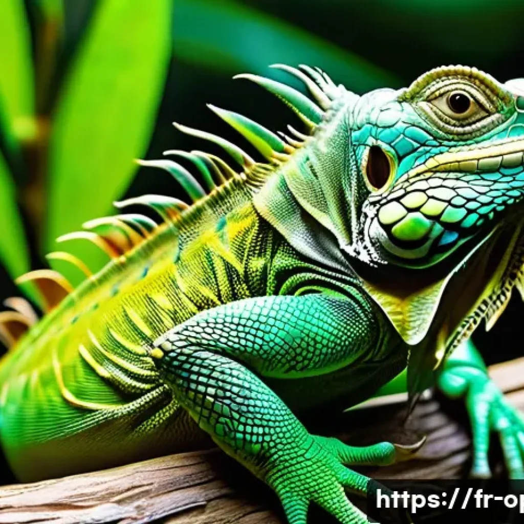 이구아나 행동 특성 - **A Serene Emerald Dweller**
    Create a highly detailed, ultra-realistic image of a healthy, adult...