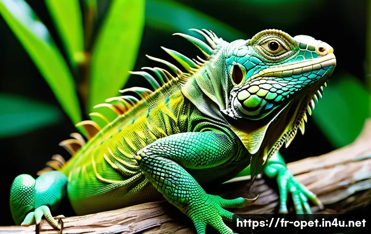 이구아나 행동 특성 - **A Serene Emerald Dweller**
    Create a highly detailed, ultra-realistic image of a healthy, adult...