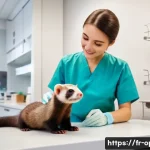 페럿 병원 선택 요령 - A cozy veterinary clinic interior specialized in small pets, featuring a caring veterinarian gently ...