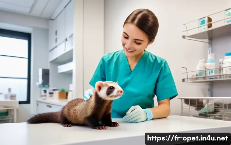페럿 병원 선택 요령 - A cozy veterinary clinic interior specialized in small pets, featuring a caring veterinarian gently ...