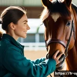 말 피부 질환 치료 - A detailed close-up of a healthy horse&rsquo;s skin and coat being gently groomed with a soft brush by a c...