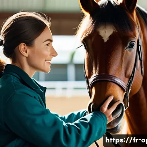 말 피부 질환 치료 - A detailed close-up of a healthy horse&rsquo;s skin and coat being gently groomed with a soft brush by a c...