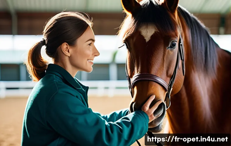 말 피부 질환 치료 - A detailed close-up of a healthy horse&rsquo;s skin and coat being gently groomed with a soft brush by a c...