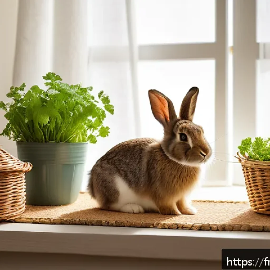 토끼 서식지 꾸미기 - A cozy indoor rabbit habitat featuring natural materials: untreated wooden hideouts and tunnels made...
