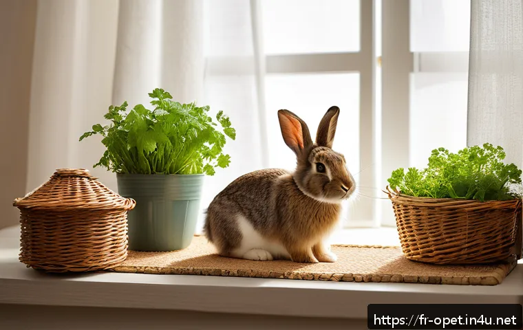 토끼 서식지 꾸미기 - A cozy indoor rabbit habitat featuring natural materials: untreated wooden hideouts and tunnels made...