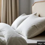 거위 깃털 베개 제작 - A cozy bedroom scene showcasing a natural goose feather pillow with a cotton organic cover on a neat...