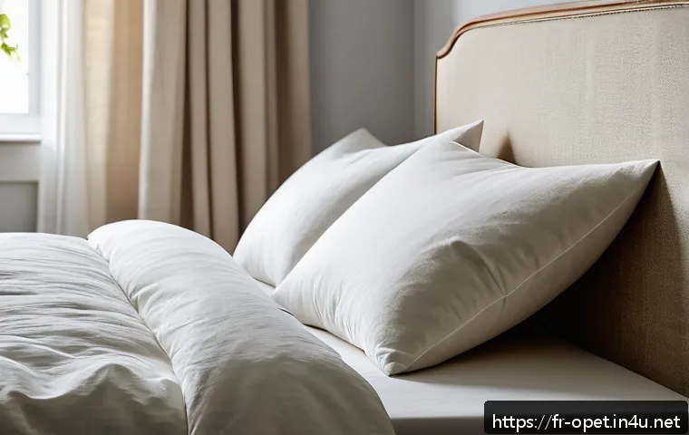 거위 깃털 베개 제작 - A cozy bedroom scene showcasing a natural goose feather pillow with a cotton organic cover on a neat...