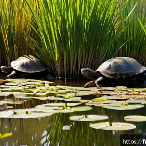 거북이 자연 서식지 연구 - A serene wetland scene in southern France during early morning light, featuring a diverse group of f...