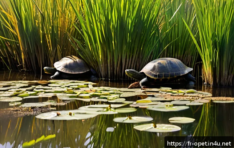 거북이 자연 서식지 연구 - A serene wetland scene in southern France during early morning light, featuring a diverse group of f...