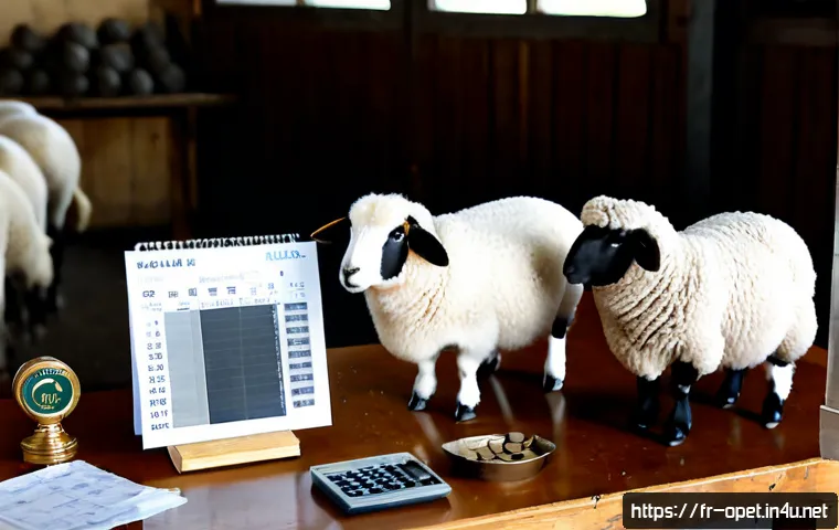 양털 시장 가격 분석 - Photorealistic French wool market price analysis scene, neatly arranged raw cream, gray, and brown s...