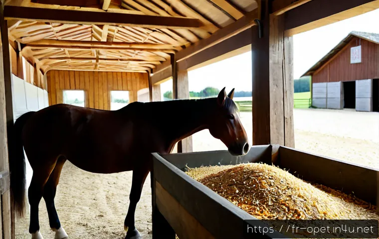 말 먹이 조합 - Photorealistic French stable feed preparation, a calm horse beside a clean wooden feeding trough fil...
